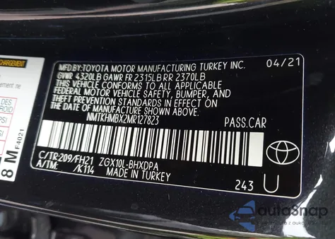 2021 Toyota C-Hr Le из США, поврежденный, VIN NMTKHMBX2MR127823